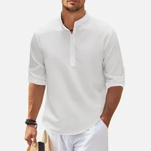 Camicia casual bianca da uomo con collo alla coreana, trama a nido d'ape e maniche regolabili