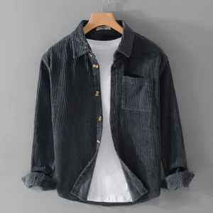 Minimalist charcoal grey corduroy long sleeve shirt for men with retro casual style