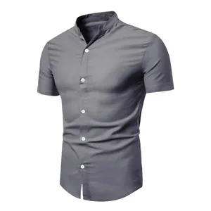 Close-up detail of a men's gray stand collar short-sleeved shirt with white buttons