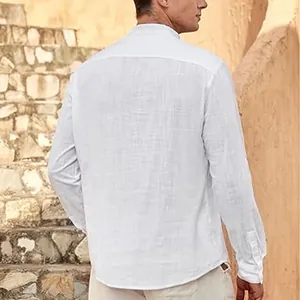 White men's linen henley shirt with long sleeves for beach casual summer style
