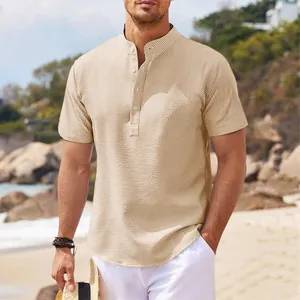 Detailed close-up of a men's short sleeve stand collar shirt with pineapple texture