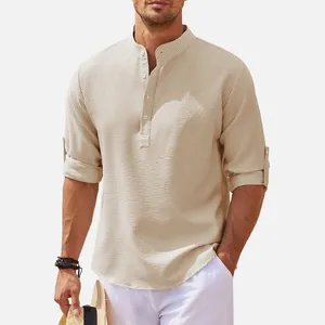 Men's casual beige waffle knit shirt featuring a stand collar and buttoned placket design