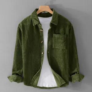 Minimalist men's forest green corduroy long-sleeved shirt jacket with chest pocket detail