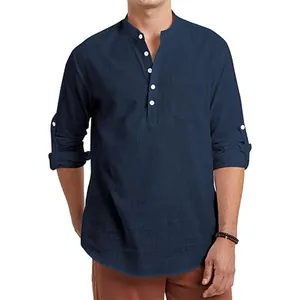 Men's casual navy blue cotton linen long sleeve Henley shirt with button details