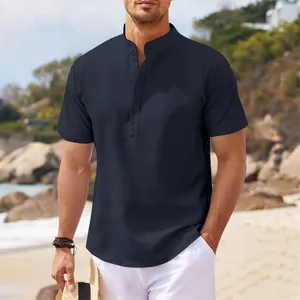 Men's navy blue short sleeve shirt with waffle texture and casual stand collar design