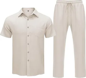 Detailed front view of men's beige linen set featuring short sleeve shirt and long trousers