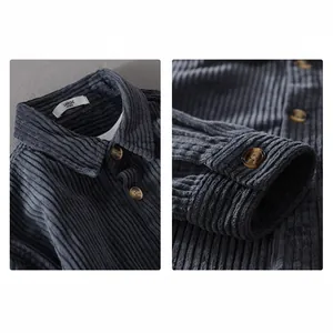 Detail shots of a men's vintage-style dark grey corduroy long-sleeved casual shirt jacket
