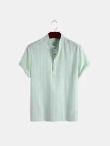 Heren Zomer Casual Gestreept Overhemd Korte Mouw Katoenmix Opstaande Kraag Pullover Mode Loose Fit Top Ademend Smart Casual Overhemd