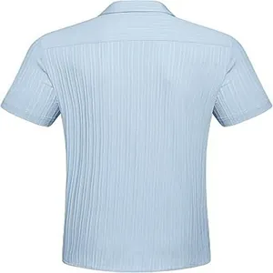 Back view of light blue men's shirt showing vertical pleated texture and short sleeves