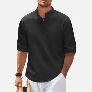 Men's casual black mandarin collar shirt with pineapple lattice texture and rolled sleeves