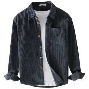 Classic dark grey corduroy long sleeve shirt for men with pocket detail and white inner tee