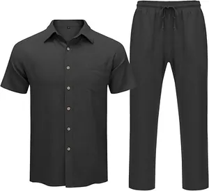 Men's casual cotton linen two-piece set featuring short sleeve shirt and long pants
