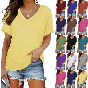 Women Cotton Casual V-Neck Short Sleeve T-Shirt Solid Color Ruched Side Loose Summer Fashion Top