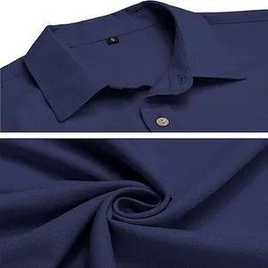 Detailed macro view of navy blue men's cotton linen shirt collar and breathable fabric