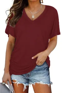 Casual women's maroon V-neck short sleeve T-shirt with stylish side ruching detail
