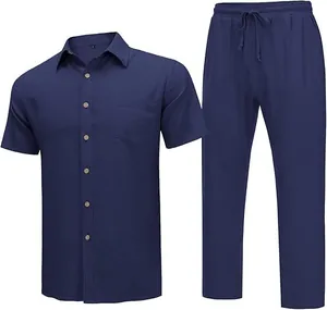 Men's navy blue cotton linen two-piece set with short sleeve shirt and long pants