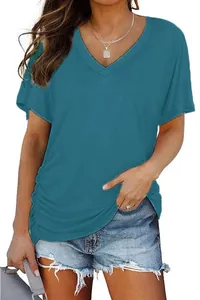 Casual teal V-neck short sleeve T-shirt for women featuring a comfortable summer fit