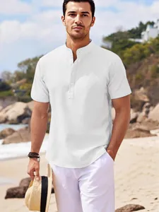 Men Waffle Knit Henley Shirt Stand Collar Short Sleeve Polyester Casual Top Summer Beach Vacation Pullover Shirt For Men