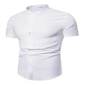 Classic men's white slim fit short sleeve shirt with mandarin collar and button closure