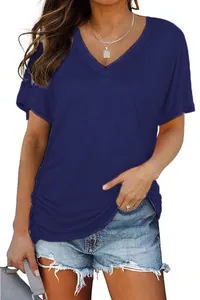 Close-up of navy blue V-neck short sleeve T-shirt with side ruching detail.