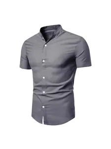 Men's slim fit casual stand collar short sleeve shirt in grey with white buttons