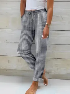 Γυναικείο casual λινό παντελόνι με γκρι ρίγες, κορδόνι στη μέση και ρεβέρ στο τελείωμα