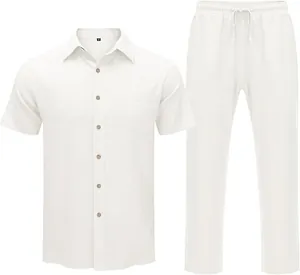 Detailed look at men's white cotton linen shirt and matching drawstring trousers set