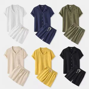Men's Summer Casual Cotton Short Sleeve T-Shirt and Shorts Set Solid Color Lapel Top And Bottom Two Piece Loungewear
