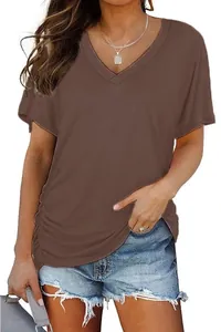 Detailed view of coffee-colored V-neck short sleeve T-shirt with elegant side ruching design