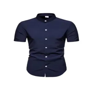 Men's casual navy blue slim fit stand collar short sleeve shirt with white buttons