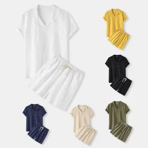 Summer men's casual two-piece set featuring solid color cotton shirt and drawstring shorts