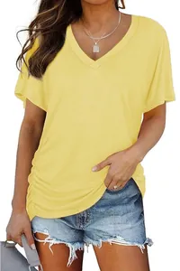 Close-up detail of a yellow V-neck short sleeve T-shirt with side ruched accents for women