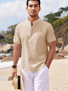 Men's casual khaki waffle knit short sleeve Henley shirt with a stylish stand collar