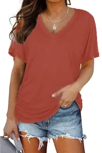 Classic women's V-neck solid color short sleeve T-shirt in a stylish terracotta