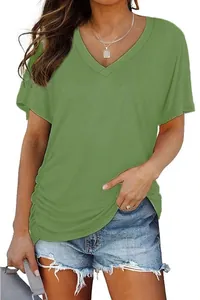 Casual olive green women's V-neck T-shirt with stylish side ruching and soft fabric