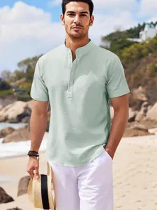 Men's casual mint green waffle knit shirt with stand collar for summer beach wear.