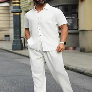Men's white cotton linen two-piece set with short sleeve button shirt and loose pants