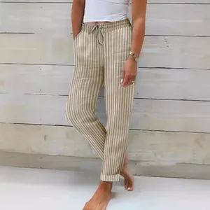 Γυναικείο casual παντελόνι με κάθετες ρίγες, κορδόνι και ελαστική μέση από μείγμα λινού