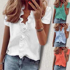 Chemisier Élégant à Volants pour Femmes Col en V Manches Courtes Couleur Unie Polyester Élasthanne Style Commute Top