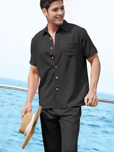 Men's black cotton linen 2-piece beach set featuring a short sleeve shirt and long pants