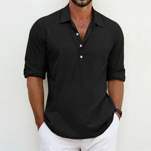 Men's stylish black linen texture casual henley shirt with collar and button detail