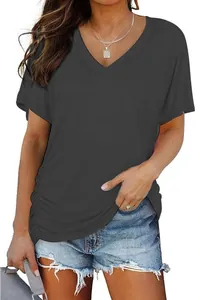 Close-up of a women's dark grey V-neck short sleeve T-shirt with side ruching detail