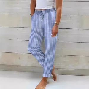 Γυναικείο casual φαρδύ παντελόνι με μπλε και λευκές κάθετες ρίγες από βαμβάκι και λινό