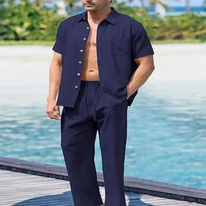 Men's navy blue cotton linen 2-piece beach set featuring a button-up shirt and loose pants