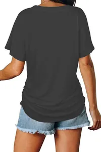 Rear view of a minimalist dark grey casual short sleeve V-neck T-shirt for women.