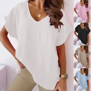 Women Casual Embroidered V-Neck Batwing Sleeve Top Cotton Loose Summer T-Shirt Solid Color Retro Style Comfortable Clothing