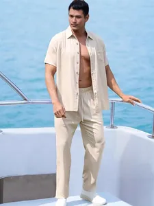 Men's casual linen two-piece set with short sleeve button-up shirt and drawstring pants.