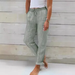 Άνετο γυναικείο ριγέ casual παντελόνι από βαμβάκι και λινό με κορδόνι στη μέση