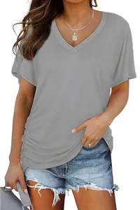 Women's casual grey V-neck short sleeve T-shirt top featuring elegant ruched side design