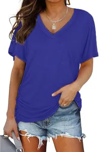 Women's royal blue V-neck short sleeve T-shirt with stylish side ruching detail